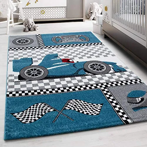 Teppium Kinderteppich für Jungen und Mädchen Rennwagen Muster 80 x 150 cm Blau - Kurzflor Waschbarer Teppich Extra Weich und Antiallergen - Teppich für Kinderzimmer, Babyzimmer und Spielzimmer