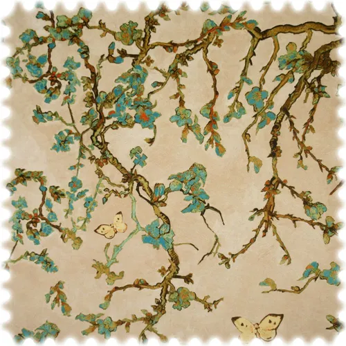 Heiro Samt Velours Möbelstoff Japan Beige / Türkis mit Fleckschutz