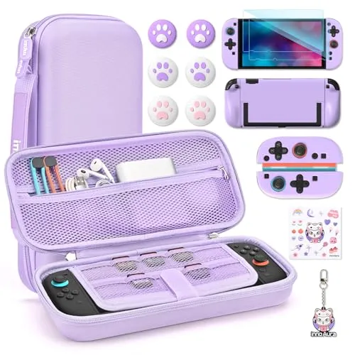 innoAura Switch 2 Tasche 14-in-1 Bundle für NS Switch 2 (2025), Switch 2 Case mit Tragetasche, Schutzhülle, Stick-Caps, Schutzfolie, süßem Anhänger und Sticker, Lila