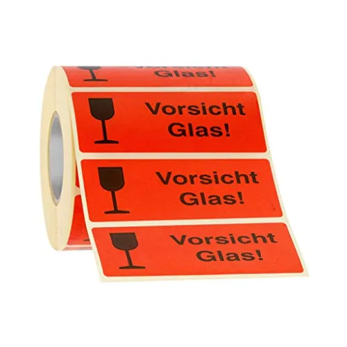 Produktbild Etiketten Aufkleber Vorsicht Glas rot 1000 Stück 90x35mm Warnetikett auf Rolle 593101