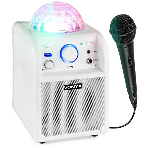 Vonyx SBS50W Bluetooth Karaoke Maschine, Kinder Musikbox mit LED Party Lichteffekte, Karaoke Anlage mit Mikrofon und Akku, 50 Watt, in Weiß
