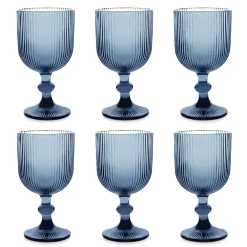 GMMH 6er-Set Geriffelte Trinkgläser und Weingläser, Line, Linie Geriffelt, Ribbed, Glas, Longdrinkgläser, Cocktail Gläser mit Prägung, Trinkglas, Weinglas, Wasserglas (Blau Weinglas)