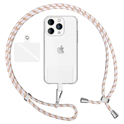 NALIA Bunte Universal-Kette mit Pad, Band für Handy-Hülle zum Umhängen, Karabinerhaken Anhänger Metall, Schlüsselband Umhängeband 160 cm, Crossbody Lanyard mit Schlaufe, Farbe:Weiß Orange