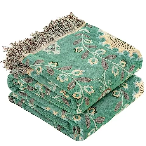 HOORDRY 100% Baumwolle Boho Decke 200x230CM,Doppelseitig Gewebte Tagesdecke mit Fransen Couchdecke Sesseldecke Wohndecke Wendedecke Kuscheldecke Sofadecke mit Muster,Sonnenblumen,Grün/Beige