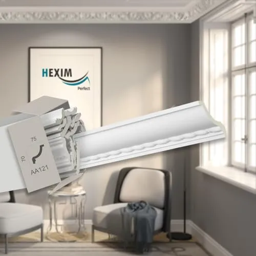 HEXIM Perfect 2 Meter Zierprofile - große Auswahl, (AA121-75x70mm) - Stuckleiste aus PU gemustert, weiß, stoßfest - Eckleiste Dekorleiste Stuckprofil Zierleiste