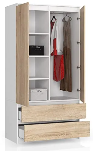 BDW Kleiderschränk 2 Türen, 4 Einlegeböden, Kleiderständer, 2 Schubladen, Mehrzweckschrank, Schubladenschrank, Garderobenschrank für Schlafzimmer, Wohnräume, 180x90x51cm, Weiß/Eiche Sonoma