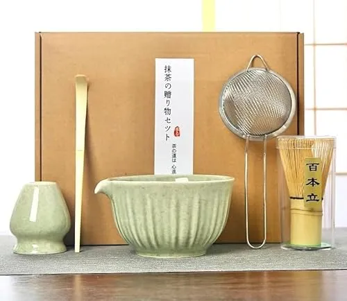 Ecofocet Matcha Set 5-teilig – Japanisches Matcha Tea Set mit Matcha Schale & Besenhalter aus Keramik, Bambusbesen, Matcha Löffel, Edelstahlsieb – Geschenkset für Tee-Liebhaber und Einsteige