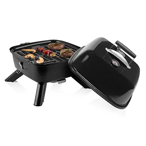 PRINCESS Tischgrill 112256 - 2000 W Hybrid Grill - Grills, 2-in-1 Elektro- und Holzkohlegrill mit Thermometer im Deckel für perfekte Garung und einfache Reinigung dank abnehmbarer Teile. Ideal für Garten und Park!