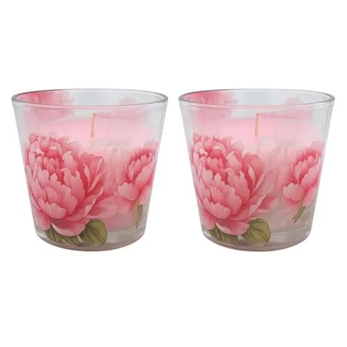 Dekohelden24 2er Set Duftkerzen, Aromakerzen, Kerzen im Glas, Blumenkerzen, Sommerkerzen, Gartenkerzen, Rosenkerze, Outdoorkerze, 115g, Maiglöckchen und Pfingstrose, Brenndauer 30h pro Kerze, Ø 9cm.