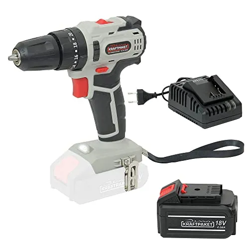 Dino KRAFTPAKET 18V-45Nm Akkuschrauber - Akkuschrauber mit bürstenlosem Motor, 45 Nm Drehmoment und 23 Drehmomentstufen für vielseitige Anwendungen in Holz und Beton. Inkl. 4Ah Akku und Ladegerät, ideal für Heimwerker.