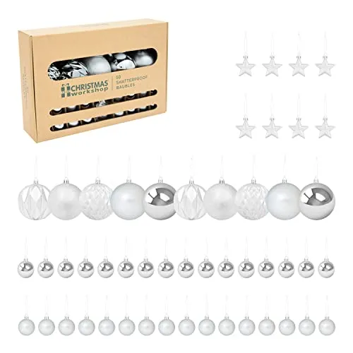 The Christmas Workshop 50 Stück Bruchsichere Weihnachtskugeln/Elegante Festliche Designs/Christbaumschmuck mit Schnur zum Aufhängen/Verschiedene Größen und Stile (Silber)