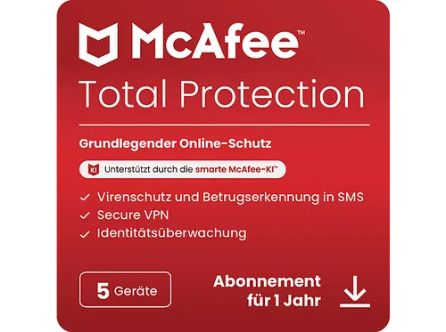 McAfee® Total Protection, Antivirus- und Internet-Sicherheitssoftware, 5 Geräte (Windows®/Mac®/Android/iOS), 1 Jahr, Download Code - [Multiplattform]