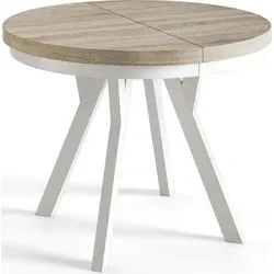 Runder Esszimmertisch EVO - Ausziehbar von 90 cm bis 190 cm - Esstisch EVO in Sonoma mit weißen Holzbeinen, ideal für flexible Raumgestaltung und besondere Anlässe. Hochwertige Qualität und modernes Design für jedes Zuhause.