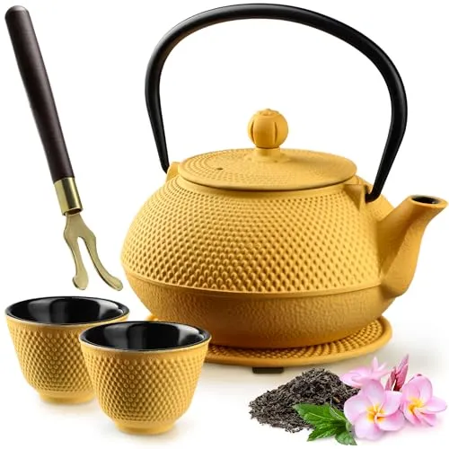KADAX Japanische Teekanne, 850ml Gusseiserner Kessel, ⌀15cm Kanne mit Netzfilter und robustem Griff, Teeservice Japanischer Art, Traditionelle Eisen-Kanne (Gelb)