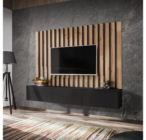 Lomadox Wohnwand VENOSA-164, Anbauwand 180cm in Schwarz mit Eiche - Moderne Schrankwand mit grifflosen Türen und eleganter Lamellen-Optik. Ideal für stilvolle Wohnzimmer und zur Aufbewahrung von Unterhaltungselektronik.