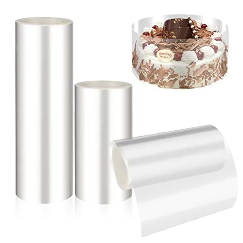 SZJYG Tortenrandfolie - 3 Rollen transparente Acetat Kuchenränder - Kuchenringe & Kuchenrahmen, aus lebensmittelechtem PP-Material, ideal zum Dekorieren von Torten und Desserts in 3 Höhen für vielseitige Anwendung.