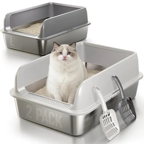 Pack Katzenklo Edelstahl Gehege mit Deckel, große Katzentoilette aus Edelstahl, Katzenklo Mit Hochwandigem Seitengehäuse, Nicht-Klebrig, Auslaufsicher & Einfach zu Reinigen, nklusive Schaufel, L 2