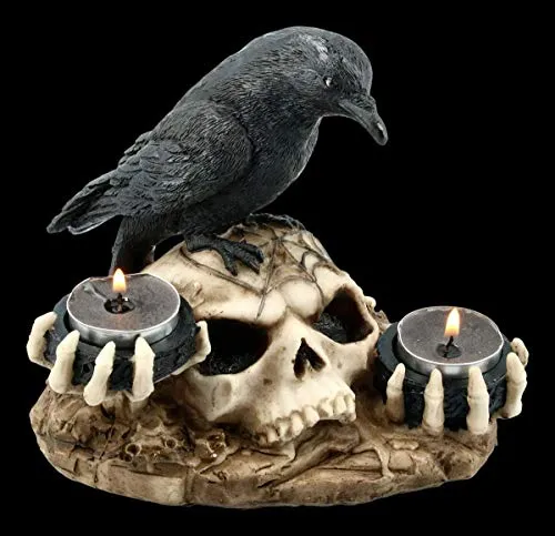 Figuren Shop GmbH Gothic Teelichthalter - Rabe auf Totenschädel | Skull, Schädel, Fantasy Deko-Artikel, Deko-Figur, Skulptur, Statue, H 16 cm