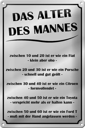 Blechschild Spruch 20x30 cm das Alter des Mannes Metall Deko Schild tin sign