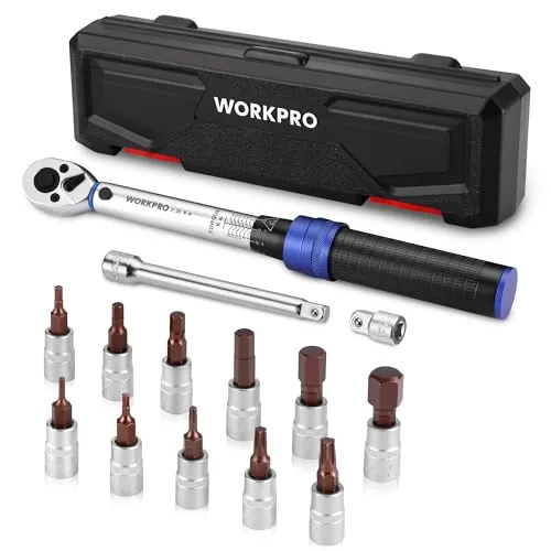 WORKPRO Drehmomentschlüssel 1/4“, Drehmomentschlüsselset mit 14-teiligem Zubehör, 2-26 N·m, Beidseitig Verstellbares Drehmomentschlüsselset, 72-Zahn-Ratsche, mit Verlängerungsstange, für Fahrrad