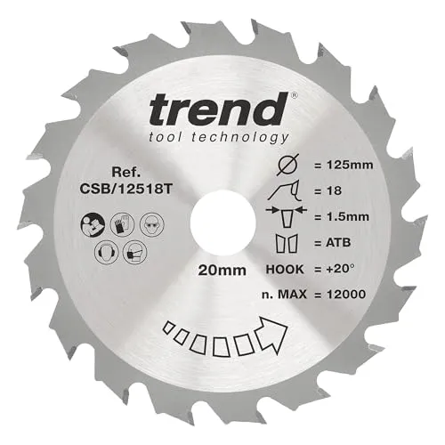 Trend Wood Akku-Kreissägeblatt, 125 mm Durchmesser, 20 mm Bohrung, 18 Zähne, 1,5 mm Schnittfuge, +20° Haken, TCT, grobe Oberfläche, CSB/12518T