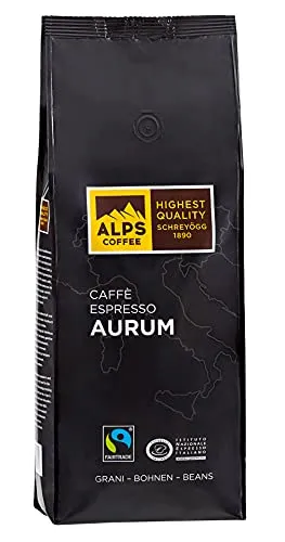 Alps Coffee Espresso Aurum 1kg - Premium Kaffee aus 95% Arabica, mild und ausgewogen mit fruchtigen Noten. Fair gehandelt und schonend im Trommelröstverfahren in Südtirol geröstet. Ideal für Vollautomaten und Siebträgermaschinen.