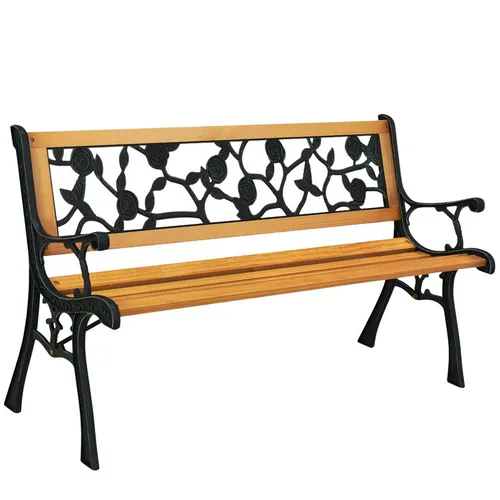 Gartenbank aus Holz mit Metall-Rückenlehne im Rosendesign