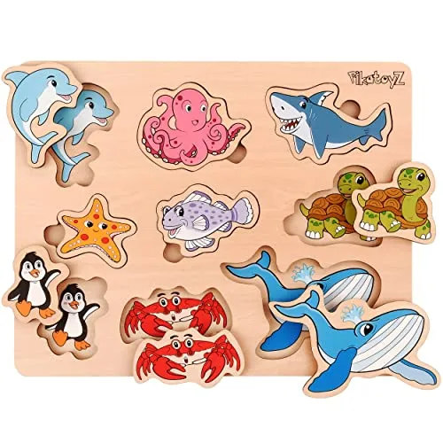 PikatoyZ® Holzspielzeug ab 1 Jahr, 2 und 3 Jahre – Montessori Steckpuzzle mit Meerestieren – Kinderpuzzle und Lernspiel Kleinkinder