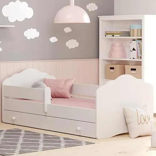 Kinderbett 70x140 cm mit Matratze und Schublade - Hochwertiges Kinderbett mit abnehmbarem Rausfallschutz und praktischer Schublade für Ordnung. Inklusive punktelastischer Kaltschaummatratze, ideal für Kinder von 2 bis 10 Jahren.
