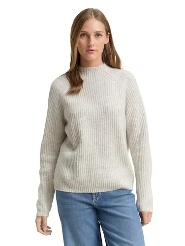TOM TAILOR Denim Damen Pullover - Stylischer Relaxed Fit Pullover mit Stehkragen, aus weichem, recyceltem Rippstrick für optimalen Tragekomfort. Ideal für lässige Outfits.