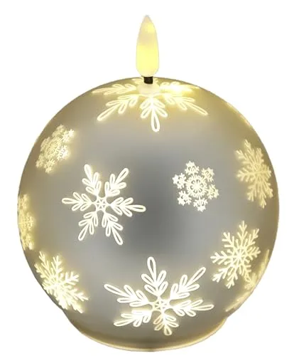 LED-Kugelkerze aus Glas mit Schneeflocken-Motiv und Timer 10cm LED-Kerze elektrisch Warmweiß Lichter Deko Adventskerzen Adventskranz Kranz Weihnachtsdeko Valentinstag geruchslos tropflos flammenlos