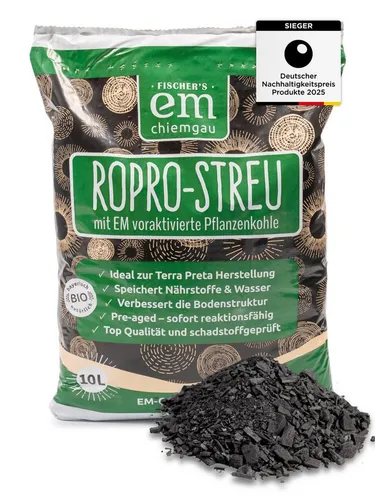 Fischer's EM-Chiemgau Bodenverbesserer RoPro-Streu - Hochwertige Pflanzenkohle mit mikrobieller Voraktivierung für Garten und Kompost. Ideal zur Verbesserung der Bodenqualität und Förderung einer natürlichen Kreislaufwirtschaft. Erhältlich in verschiedenen Gebindegrößen.