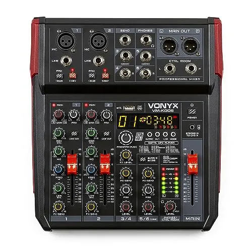 Vonyx VM-KG06 analoger Audio Mixer für Bands, Mischpult DJ Mixer, 6 Kanal DJ Mischer mit Bluetooth, MIC, XLR, 6,3mm Jack, DSP Soundeffekt, USB, MP3, Record - Schwarz