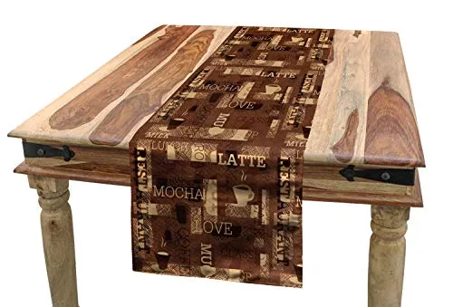 ABAKUHAUS Kaffee Tischläufer, Cafeteria Typography, Esszimmer Küche Rechteckiger Dekorativer Tischläufer, 40 x 180 cm, Karamel Braun