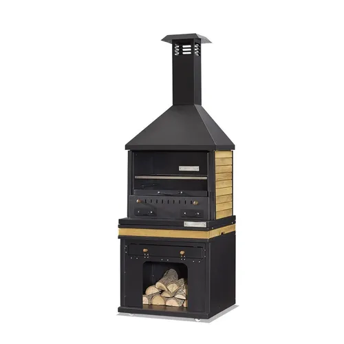 Schwarzer Grillkamin aus Holz und Edelstahl für Garten und Terrasse - Freistehender Grillkamin aus robustem Holz und Edelstahl, ideal für gesellige Grillabende. Mit großzügigem Kochbereich von 40 x 60 cm und einer Höhe von 181 cm.