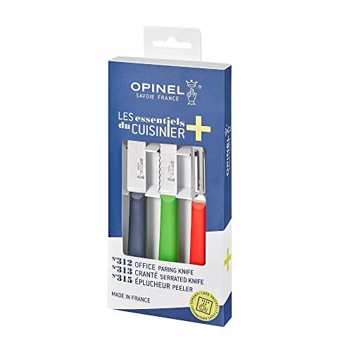 Opinel 254595 Küchenmesser Set ESSENTIELS+ TRIO - Schäler-Set mit 3 hochwertigen Messern, rostfreier Stahl und spülmaschinenfest. Ideal für präzises Schneiden und Schälen von Gemüse und Obst.