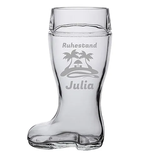 LUXENTU Bierstiefel mit Gravur, Bierglas mit 1,0 Liter Füllstrich, Personalisiertes Glas mit Name & Kneipen-Motiv, Geschenk zum Vatertag/Geburtstag, Spülmaschinengeeignet, Palmen & Strand
