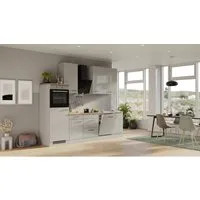 Flex-Well Exclusiv Küchenzeile Lund 280 cm Lichtgrau glänzend-Rauchgrau - Einbauküche mit flexibler Montage und hochwertigen, pflegeleichten Kunststofffronten. Inklusive Elektrogeräte und viel Stauraum für Geschirr und Küchenutensilien.