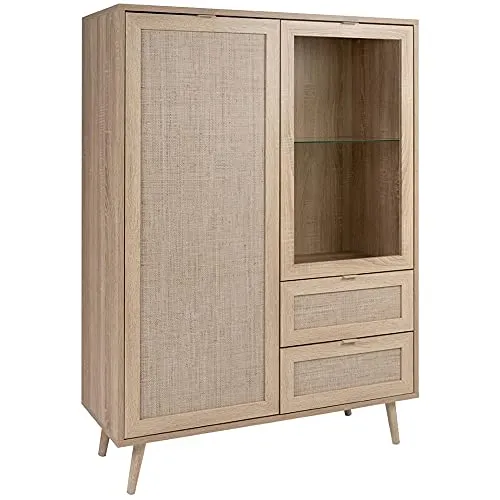 Mid.you Highboard in Sonoma Eiche, 4 Fächer & 2 Schubladen - Stilvolles Highboard in Sonoma Eiche mit Geflecht-Optik, ideal für Ihr Wohnzimmer. Bietet 4 Regalfächer und 2 Schubladen für optimalen Stauraum und einen gemütlichen Boho-Style.