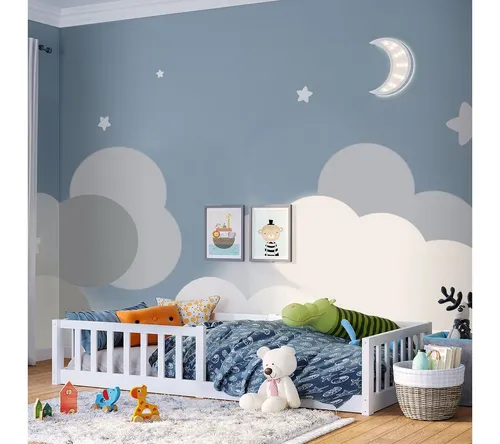 Bellabino Kinderbett Vere mit Rausfallschutz und Lattenrost (weiß, Kiefer Massivholz), Bodenbett verfügbar in 80x160 & 90/120/140x200 cm
