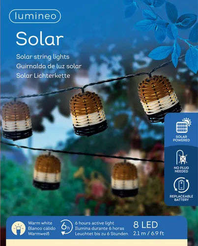 Solar LED Lichterkette mit Lampenschirmen 2,1m - Warmweiß - Stimmungsvolle Solarlichterkette für den Außenbereich, 8 LEDs in warmweiß, flexibel einsetzbar, ideal für Feste und Gartenpartys, benötigt keine Steckdose und lädt tagsüber auf.