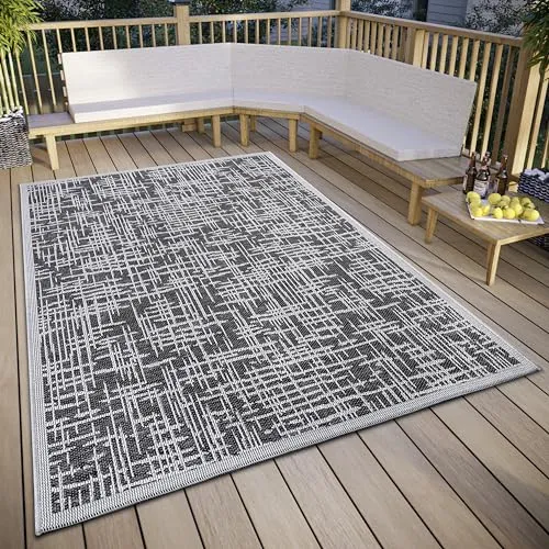 Hanse Home Telu In- & Outdoor Teppich Wetterfest – Modernes Muster, Wasserfest robuster Aussenteppich Flachgewebe für Garten, Balkon, Terrasse, Wohnzimmer – Grau Beige, 76x150cm
