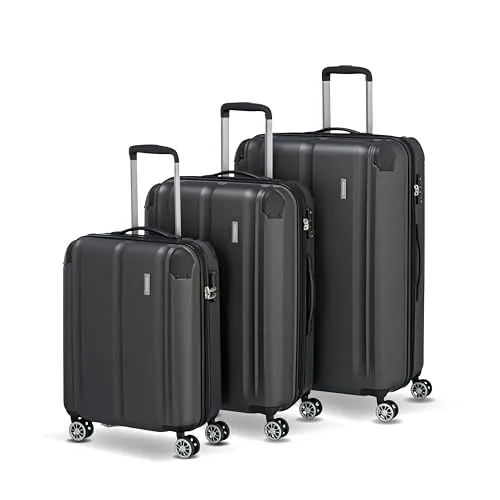 Travelite City 4-Rollen-Trolley Set 3-tlg. - anthrazit, strapazierfähige Hartschalenkoffer mit Dehnfalte für maximales Volumen und Sicherheit