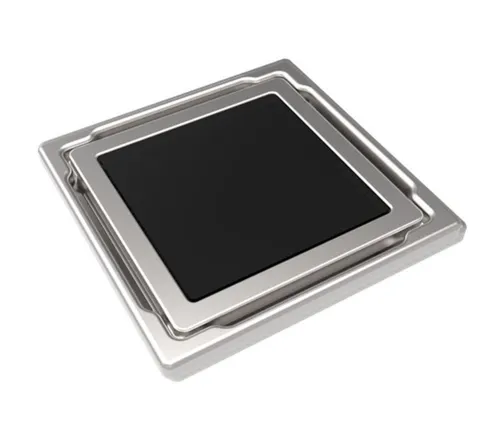 MERT Bodenablauf Edelstahl mit Glas Abdeckung 110x110 mm - Ablaufgarnituren: Flacher Bodenablauf mit eleganter Edelstahl Glas Abdeckung, ideal für moderne Badezimmer und Duschen.