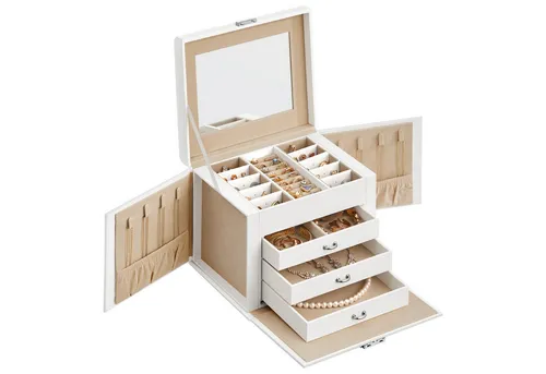 SONGMICS Schmuckkästchen mit Griff und Spiegel - Schmuckkästen mit 4 Ebenen und viel Stauraum, abschließbar und tragbar – ideal für Schmuckliebhaber und Reisen.