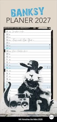 Banksy Planer 2027: Terminkalender als Wandplaner mit großer Einzelspalte. Monatlich wechselnde Guerilla-Art-Motive des zeitgenössischen Künstlers Banksy. Wandkalender im Format 21 x 45 cm