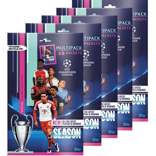 Topps Champions League 2023/24 Sammelsticker Multipack - 5er Multipack mit exklusiven Sammelstickern der Topps Champions League Kollektion 2023/24. Perfekt für Sammler und Fans, um die besten Spieler und Momente festzuhalten.