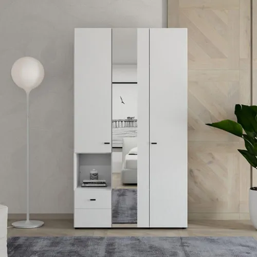 Patzcu Kleiderschrank 3 Türen in Mattweiß, 117x52 cm