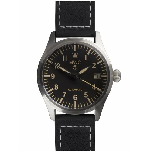 MWC Classic 40mm Automatik Stahl Schwarz Date Leder Saphir Militär Herren Uhr