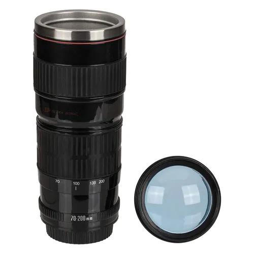 Trinkbecher Kamera Objektiv Isolierbecher mit Edelstahleinsatz 440ml Schwarz